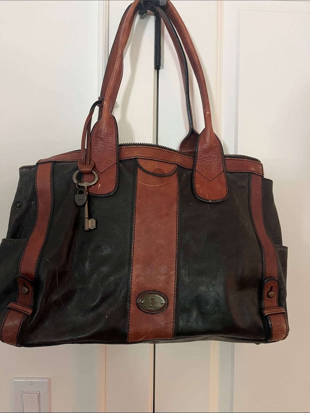 Weathered Men's Leather Two-Tone Brown & Black Fossil Tote Bag